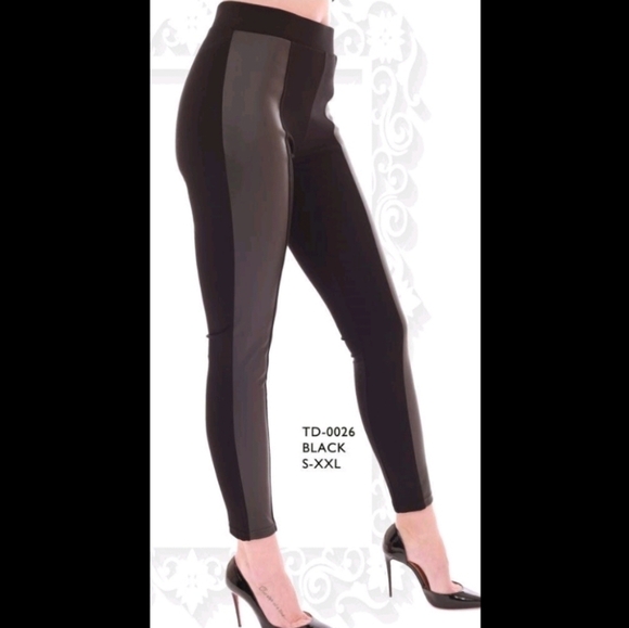 TRIBE Tummy Control Black Leggings With Faux Leather Panel Size Small NWT - Picture 2 of 5